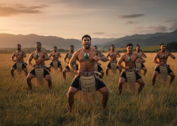 Um grupo fazendo Haka no campo