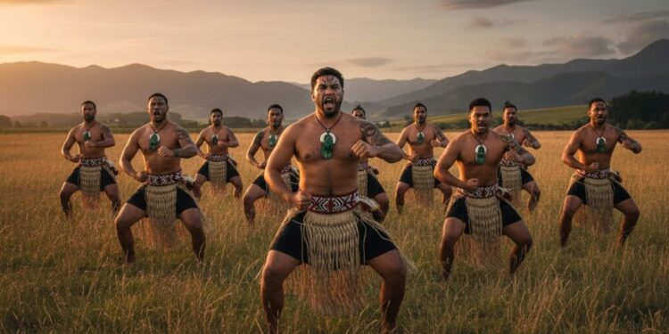 Um grupo fazendo Haka no campo