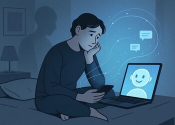 Uma pessoa sentada na cama pensando "será que minha IA me ama?"