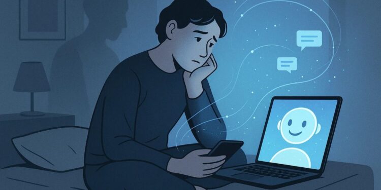 Uma pessoa sentada na cama pensando "será que minha IA me ama?"