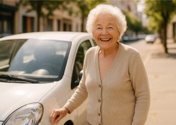 Uma idosa feliz ao lado do seu carro por não pagar o IPVA