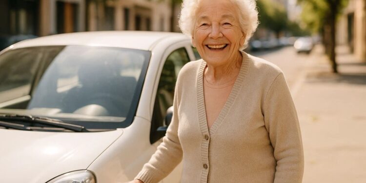 Uma idosa feliz ao lado do seu carro por não pagar o IPVA