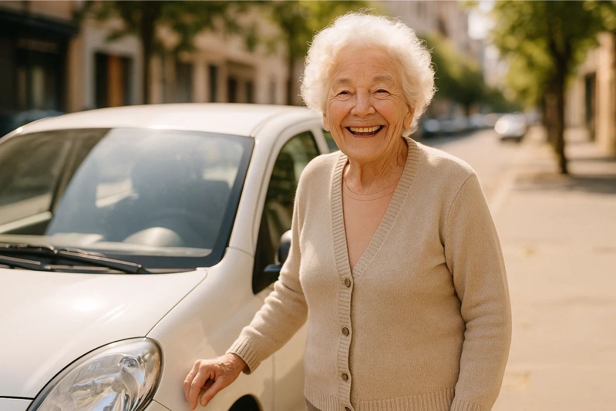 Uma idosa feliz ao lado do seu carro por não pagar o IPVA