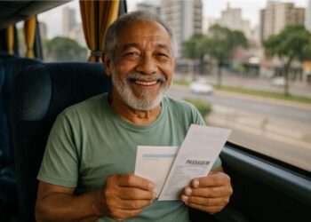 Um idoso em um ônibus após garantir sua passagem gratuita