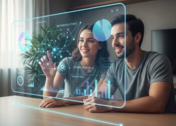 Um casal analisando as finanças através de um painel de IA