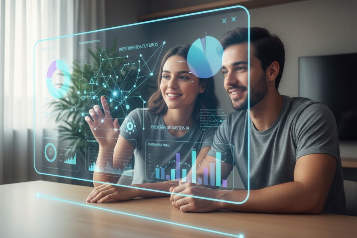 Um casal analisando as finanças através de um painel de IA