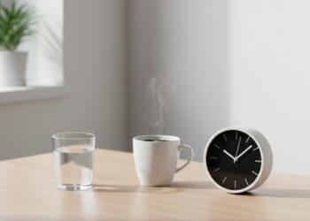 Um copo de água, uma xícara e um relógio representando a preparação para o jejum intermitente