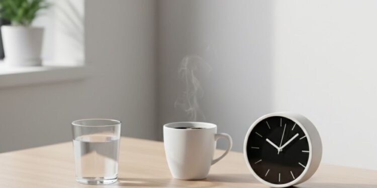 Um copo de água, uma xícara e um relógio representando a preparação para o jejum intermitente