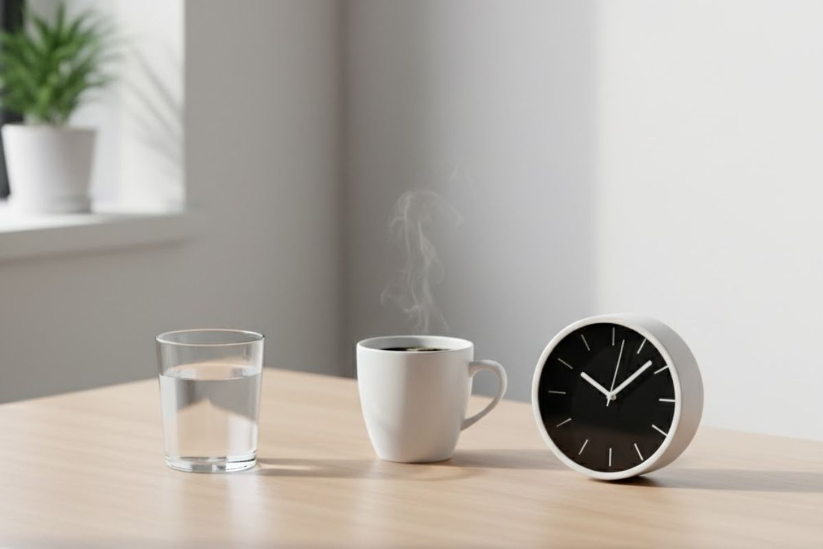 Um copo de água, uma xícara e um relógio representando a preparação para o jejum intermitente