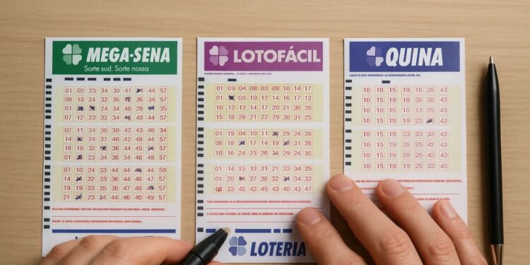 Bilhetes das Loterias Caixa: mega-sena, lotofácil e quina