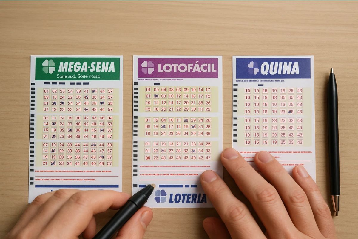 Bilhetes das Loterias Caixa: mega-sena, lotofácil e quina