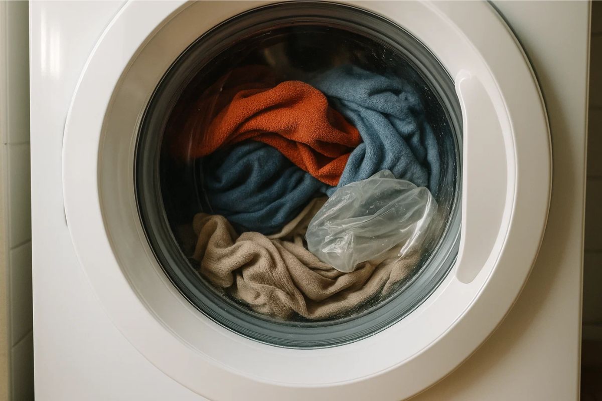 Máquina de lavar com saco plástico dentro junto com roupas