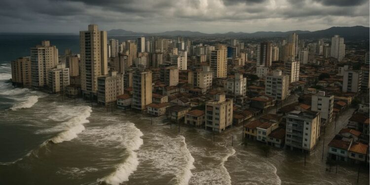 Mar avançando em cidade litorânea