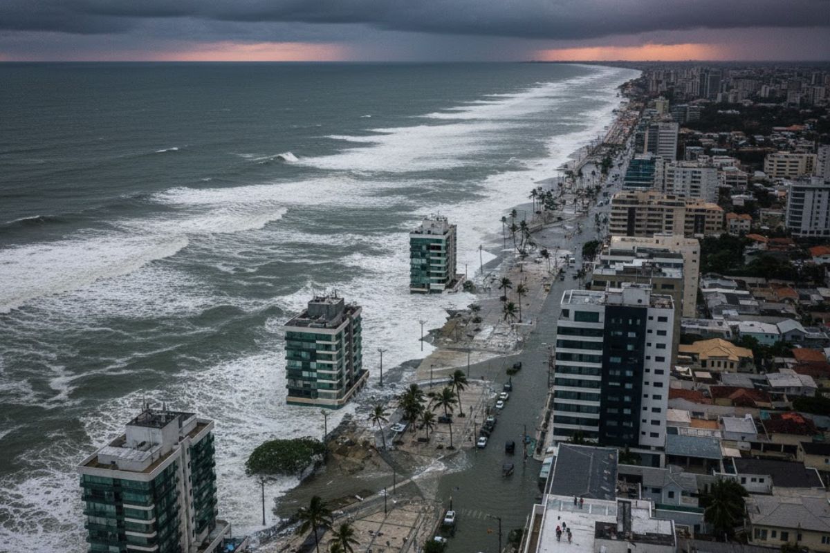 Mar avançando em cidade litorânea