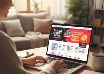 Uma pessoa fazendo comprar no notebook, na tela está a página do Mercado Livre