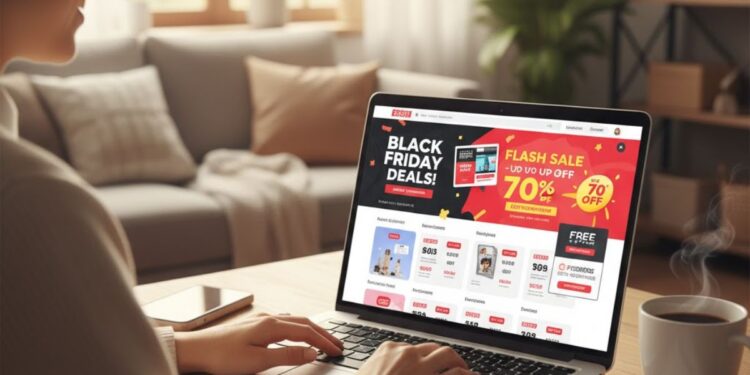 Uma pessoa fazendo comprar no notebook, na tela está a página do Mercado Livre