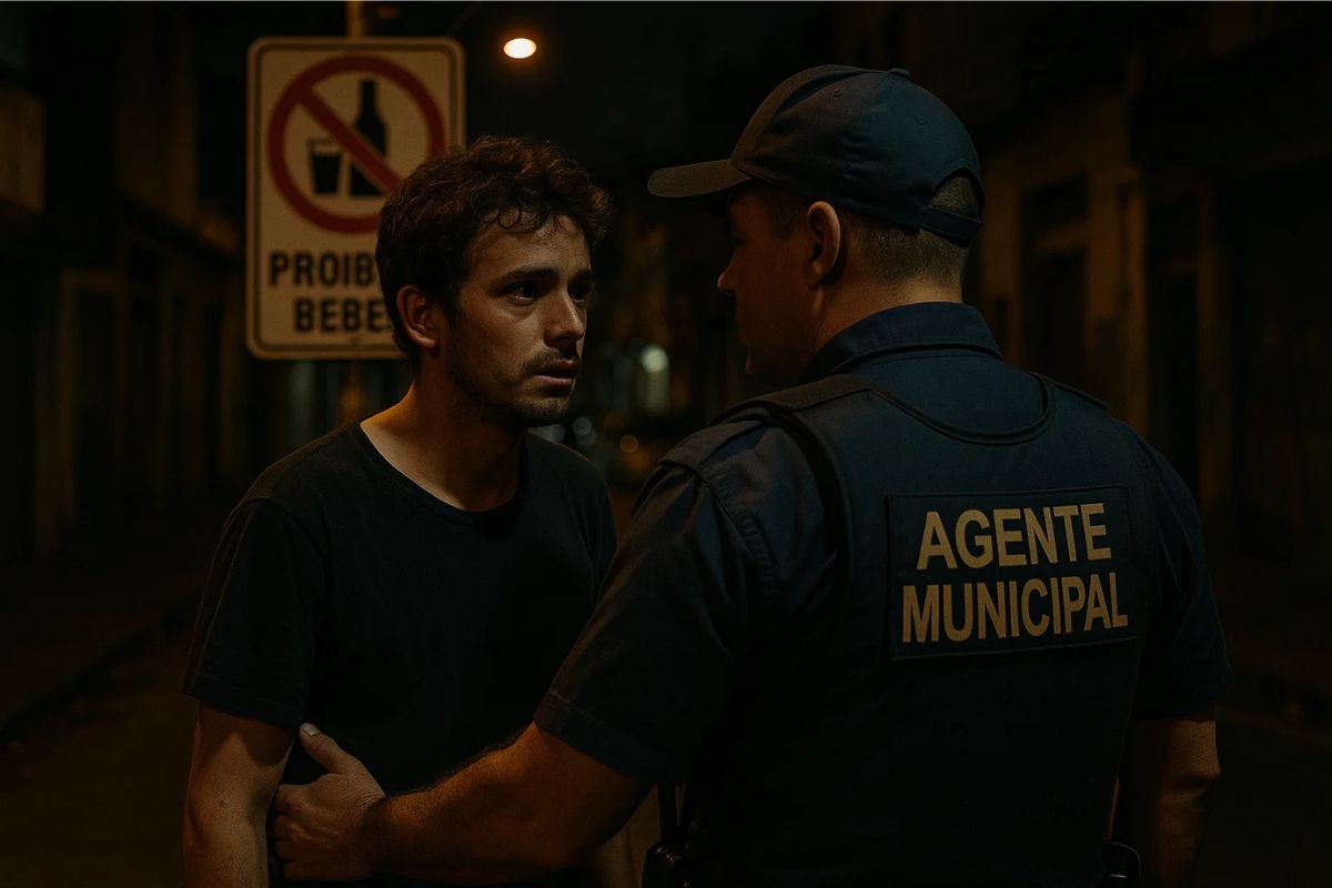 Um rapaz recebendo multa na calçada