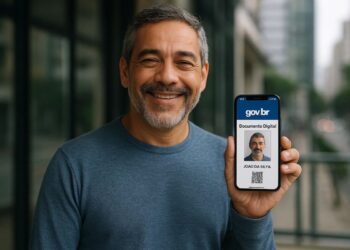 Um rapaz com o celular na mão mostra sua identidade digital