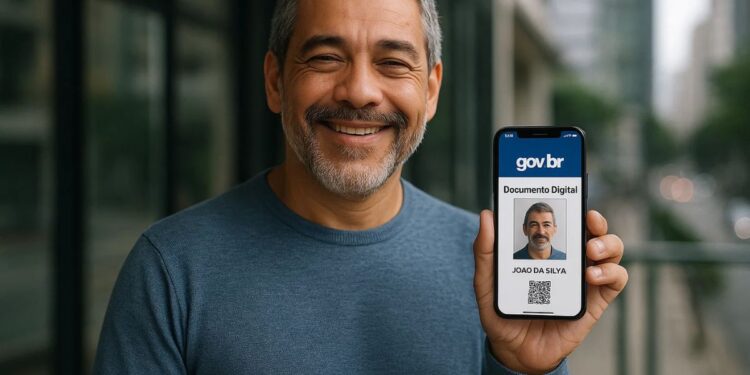 Um rapaz com o celular na mão mostra sua identidade digital