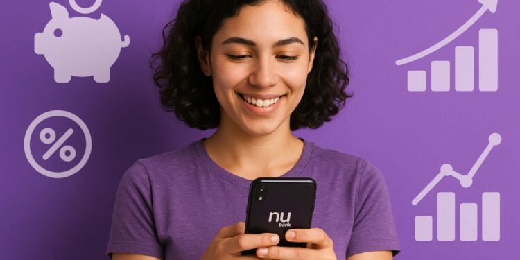 Uma cliente do Nubank com o celular na mão sorri