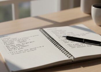 Palavras em um caderno, em cima dele há uma caneta