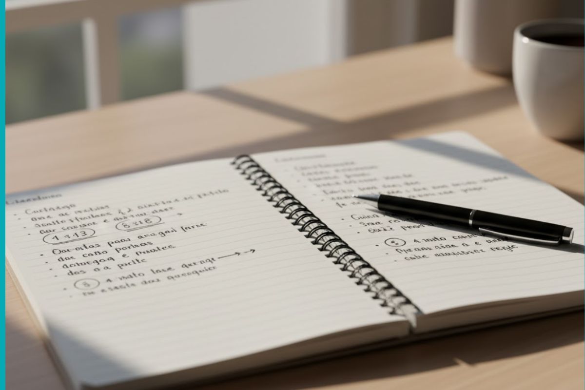 Palavras em um caderno, em cima dele há uma caneta