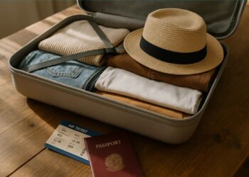 Uma pessoa se preparando para viajar com a ferramenta do PicPay. Há uma mala em cima da mesa