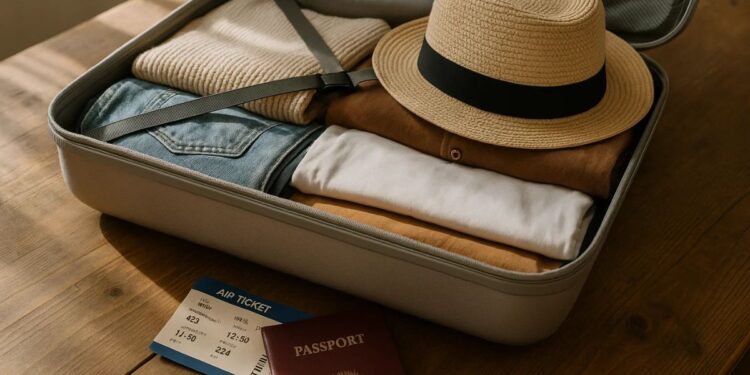 Uma pessoa se preparando para viajar com a ferramenta do PicPay. Há uma mala em cima da mesa