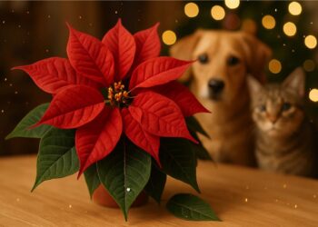 Planta natalina sendo vista por um cão e gato