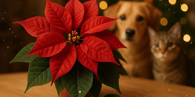 Planta natalina sendo vista por um cão e gato