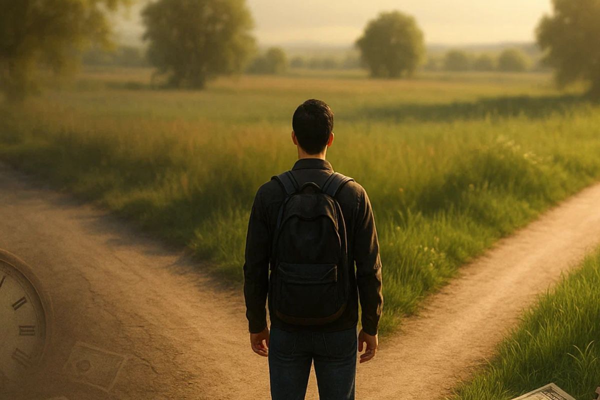 Um jovem de frente a uma bifurcação entre o Ritmo hipnótico e corrida dos ratos
