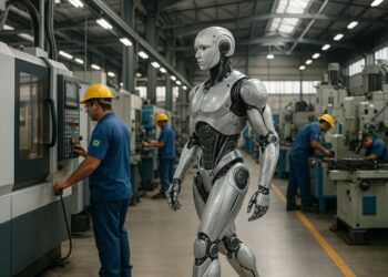 Um dos robôs humanoides em uma fábrica