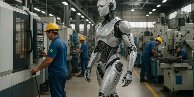 Um dos robôs humanoides em uma fábrica
