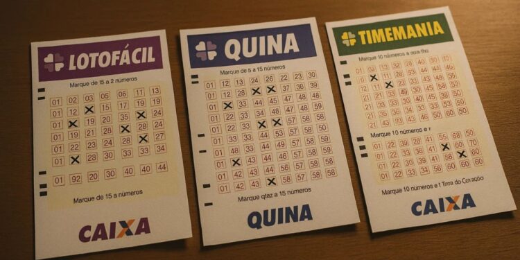 Bilhetes dos sorteios de loterias da Caixa: Lotofácil, Quina e Timemania