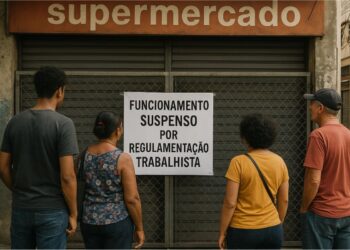 Um dos mercados fechados com pessoas em sua frente
