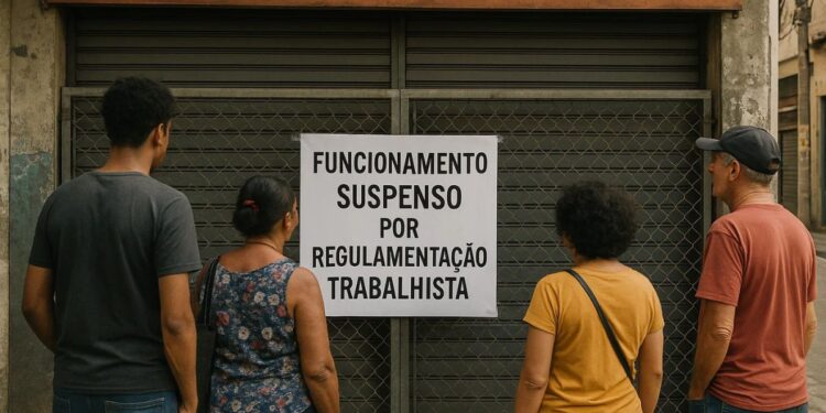Um dos mercados fechados com pessoas em sua frente
