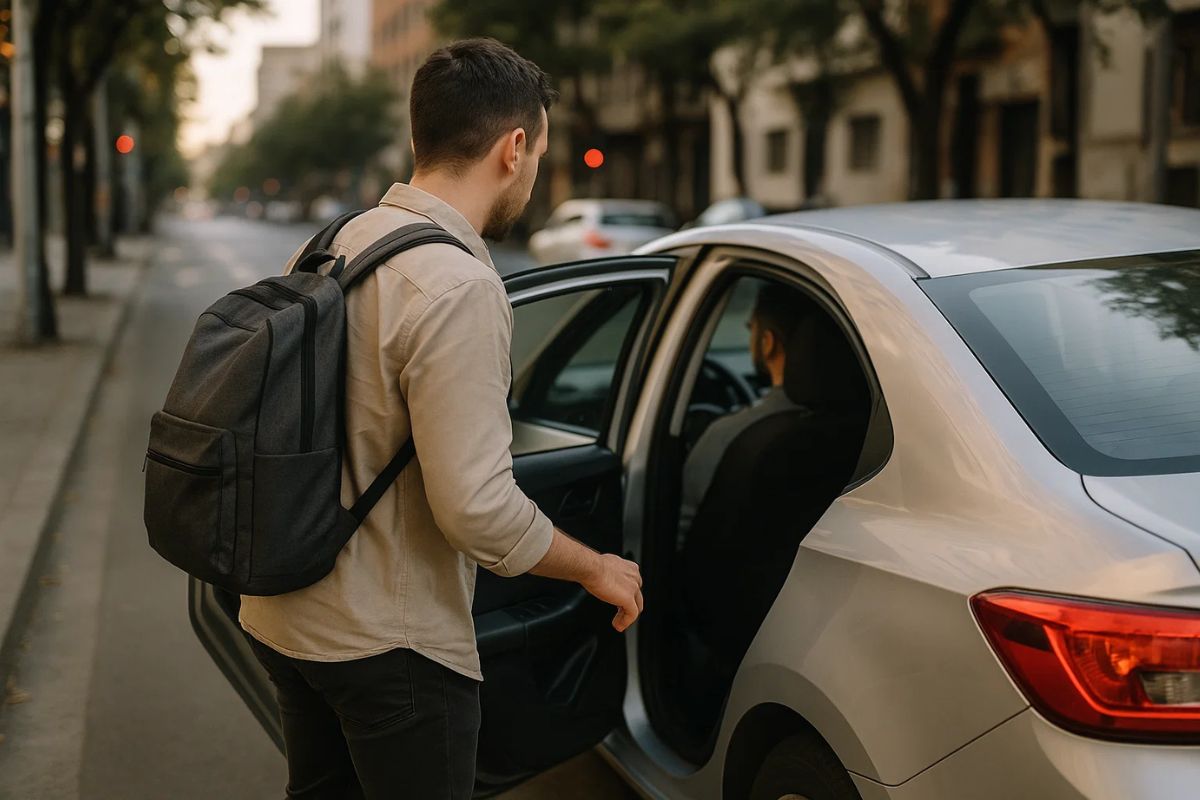Uma pessoa entrando pela porta de trás do Uber