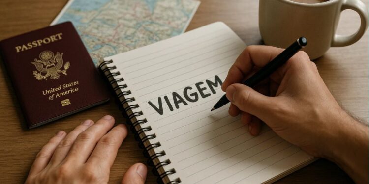 Uma pessoa escreve "viagem" no caderno