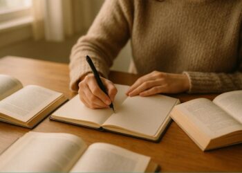 Uma pessoa escrevendo novas palavras em seu caderno para aumentar o vocabulário