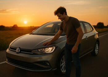 Um homem feliz depois de comprar o seu primeiro veículo