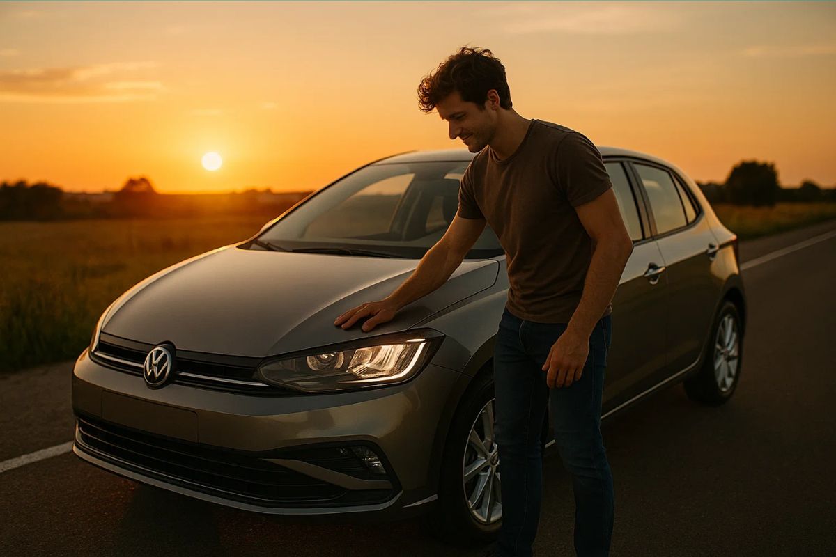 Um homem feliz depois de comprar o seu primeiro carro
