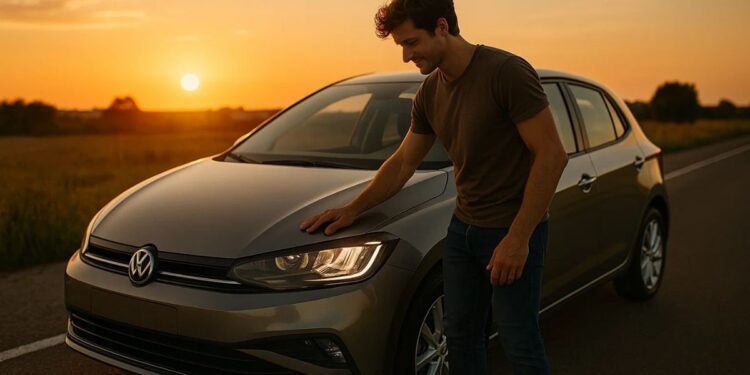 Um homem feliz depois de comprar o seu primeiro veículo