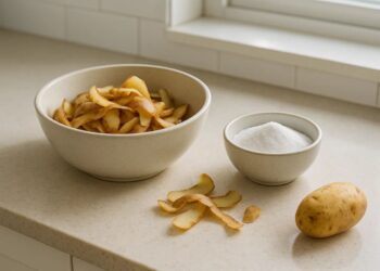casca de batatas e bicarbonato em uma bancada
