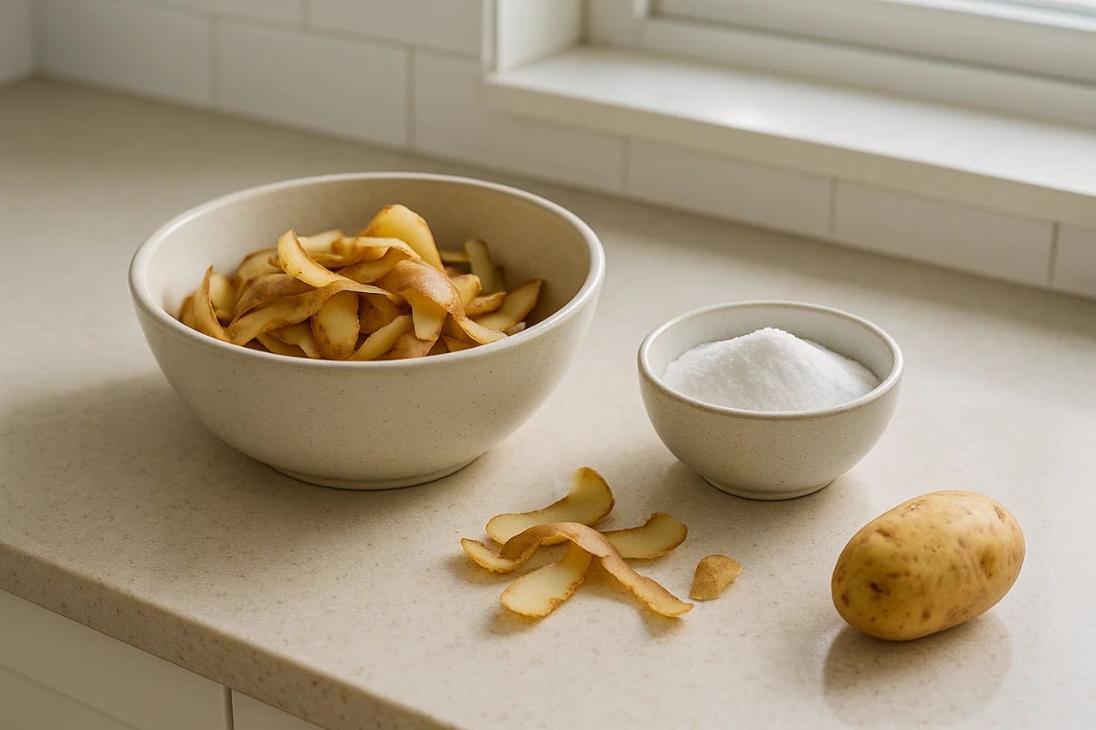casca de batatas e bicarbonato em uma bancada