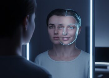 Retrato de uma pessoa em frente ao seu doppelgänger digital