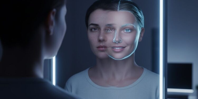 Retrato de uma pessoa em frente ao seu doppelgänger digital