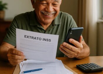 Um senhor com o celular na mão vendo o extrato do INSS