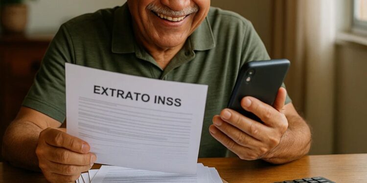 Um senhor com o celular na mão vendo o extrato do INSS