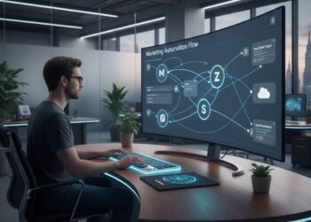 Uma pessoa programando um fluxo n8n no computador
