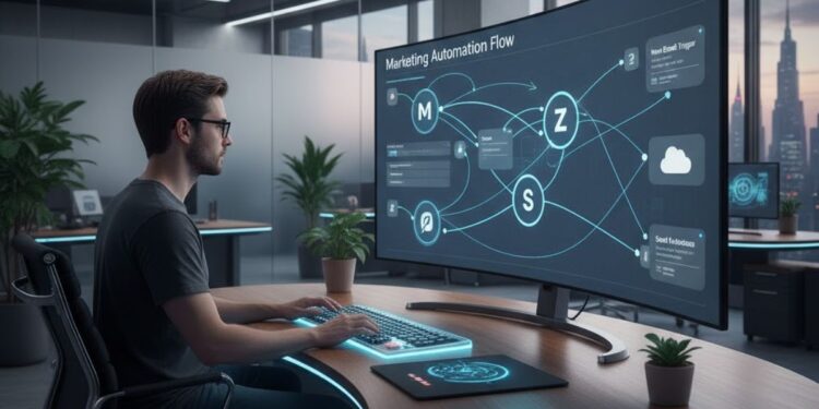 Uma pessoa programando um fluxo n8n no computador